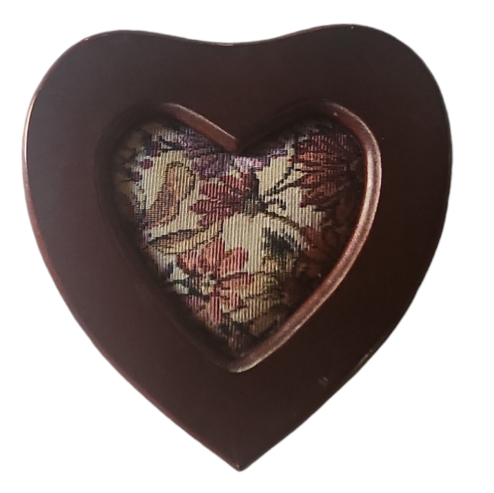 Vintage heart shape tapestry wooden jewelry box.